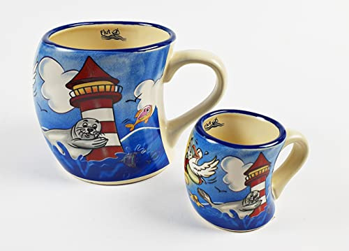 2er Set Moin Moin Becher + Mini Becher schiefe Tasse bauchig Robbe Leuchtturm Möwe Souvenir schräg