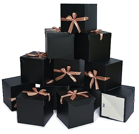 12 Pack kleine Geschenkboxen mit Deckeln, quadratische Boxen mit Deckeln, perfekt für Hochzeiten, Verlobungen, Abschlussfeiern, Feiertage, Weihnachten, Geburtstag, Vatertag (Schwarz 10 cm)