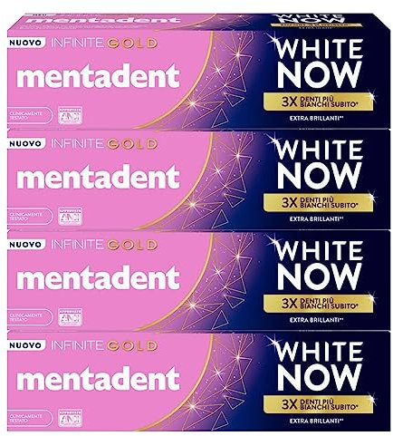 Mentadent White Now Infinite Gold Dentifricio Sbiancante Azione Istantanea Contro Macchie Superficiali Denti Extra Brillanti Sbiancamento Temporaneo - 4 Flaconi da 75ml