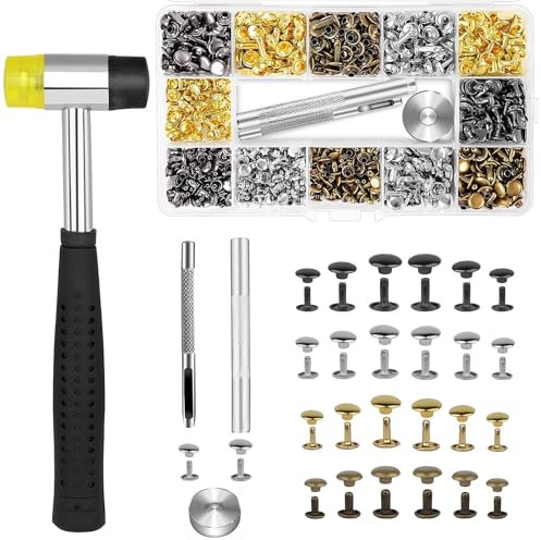 364 Sätze Leder Nieten Set 6×6mm, 8×8mm, 8×12mm Hohlnieten, Nietenzange Set Leder Mit Gummihammer, Ledernieten, Nieten für Leder für DIY Lederhandwerk Kleidung Tasche Gürtel Schuhe (4 Farben)