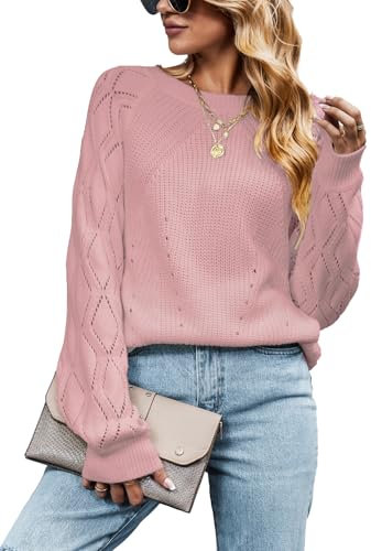 CUPSHE Damen Strickpullover Rundhals Langarm Wellenmuster Zierausschnitt Rippenstrick Pulli Oberteile Tops Casual Pointelle Knit Sweater Blush Pink L