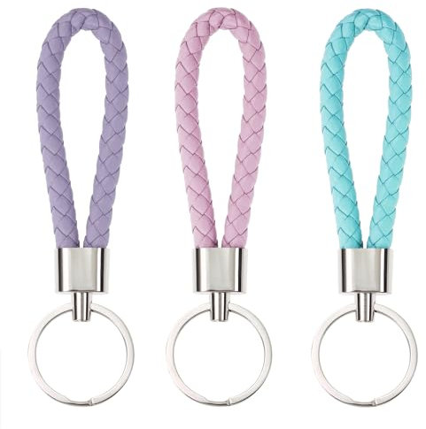 PPhtony Porte-clés de voiture en cuir tressé avec sangle tissée - Accessoires pour homme et femme - Cadeau d'anniversaire et de Noël, Rose, bleu, violet, Small