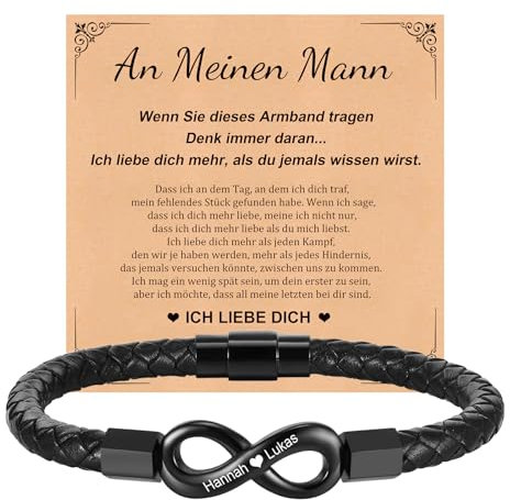 Valentinstag Armband Herren Personalisierte Geschenke - Lederarmband Herren mit Gravur Namen Geflochtenes Armband Leder Unendlichkeits Ich Liebe Dich Geschenk Jahrestag Männer Geschenke (Schwarz, 21)
