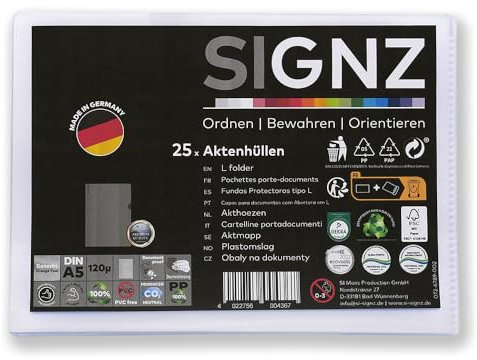 SIGNZ Aktenhüllen (DIN A5, extra starke 120 my), 25 Stück, genarbt, CO2-neutral hergestellt, made in Germany