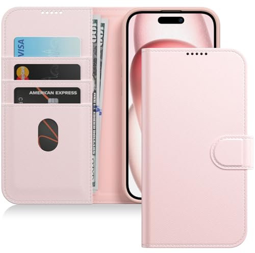 JETech Wallet Case for iPhone 15 Plus 6.7-Inch, Shockproof PU Leather Magnetic Flip Cover with Card Holder, Stand Feature and Full Camera Protection (Pink)