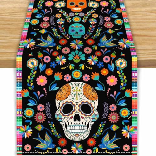 Halloween Deko Tischläufer, Dia de los Muertos Deko Tischläufer Totenkopf Blumen Tischdecke Mexiko Karneval Festival Horror Party Gruselig Deko Tisch Dekorationen, 183*33cm