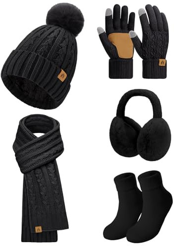 UMIPUBO Mütze Schal Handschuhe Damen Winter Strickmütze Wintermütze mit Bommel Lang Thermo Schal Fleece Gefütterte Touchscreen Handschuhe Plüsch Ohrenschützer Verdickte Socken-5 Stück Set (Schwarz)