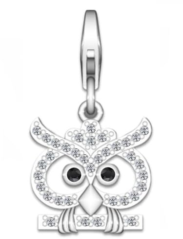 Goldene Hufeisen Charm Anhänger Eule auf Ast 925 Silber Zirkonia, für Bettelarmbänder