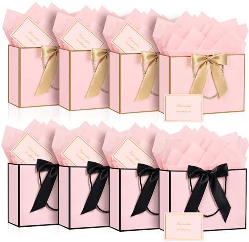 BBLIKE Gift Bags for Presents - 8 Pack Medium Gift Bags with Bow Ribbon, Party Bags with Handles 10 Tissue Papers and 8 Cards for Weddings, Birthday, Party, Celebration, Christmas