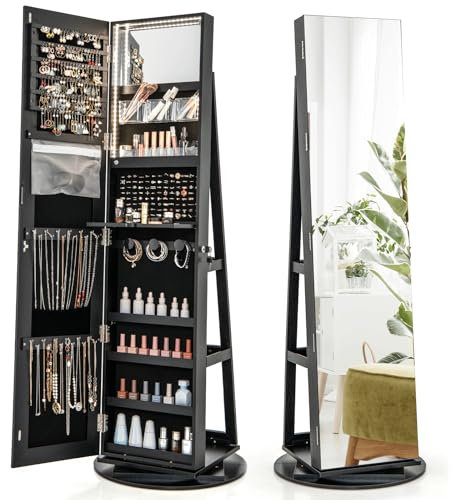 Multigot 3-Color LED Lights Jewellery Cabinet, 3-in-1 360° Swivel Jewelry Armoire with Full-Length Mirror, Lockable Cosmetic Storage Organizer for Dressing Room Living Room Bedroom (Black)