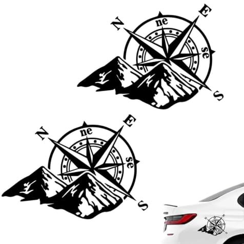 2 Pezzi Adesivo Per Auto, Adesivi Bussola di Montagna, Bussola Fuoristrada Mountain Bussola Cappuccio Adesivo, Adesivi Rosa Dei Venti con Monti, per Auto o Moto (Nero, 20 x 15cm)