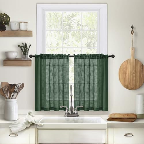 Whoiy Kurzgardine Dunkelgrün 2er Set 93.5 cm Höhe, Scheibengardine Küche Halbtransparent Leinenoptik Modern Bistrogardinen Einfarbig Wohnzimmer Landhaus Küchenvorhang 93.5x63.5cm