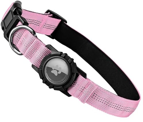 Ledeak Airtag Hundehalsband, Reflektierendes Hunde Halsband mit Wasserdichter Halterungsgehäuse für Air Tag Tracker, Verstellbares Hunde Halsbänder für Kleine Mittelgroße Große Hunde (Rosa, S)
