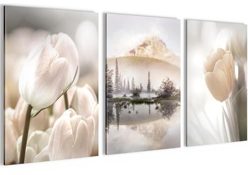 Novart Bilder Set Natur Landschaft Blumen - Kein Extra Rahmen benötigt - Wandbilder für Wohnzimmer Schlafzimmer Flur - 3 Teilig Deko Beige - N035836a
