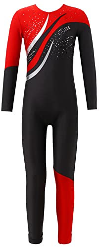 CHICTRY Voltigieranzug Mädchen Ganzkörper Kinder Langarm Gymnastikanzug Mit Glänzend Strass Rundhals Tanztrikot Patchwork Trikotanzug Tanzkostüm Rot 158-164