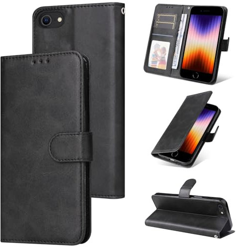 E-Lush Coque pour iPhone 8/7/SE 2022/20 Cuir PU, Portefeuille Etui pour iPhone 6S Coque Magnétique Flip Case avec Fonction Support Fente Carte Housse pour iPhone 6 4.7” 360 Degrés Protection, Noir