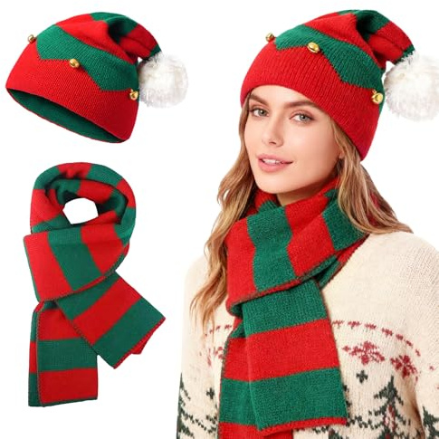 TAGVO 2 Stück Mütze Schal Set Winter Weihnachten Xmas Strickmütze Set Elfe Santa Mütze Schal für Party, rot, Einheitsgröße