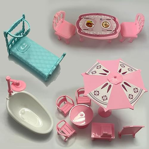 KARLOR Miniatur Möbel Set, 13 Stück Mini Möbel Set,Sonnenschirm Tisch Stühle Bett Wanne, 1:12 Micor Szene Zubehör Restaurant Strand Mini Schlafzimmer Badezimmer Garten Deko