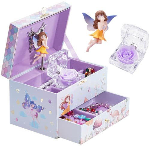 ProCase Kinder Musik Box Schmuckkästchen mit Spieluhr Einhorn & Konservierte Blumen, Schmuckschatulle mit Melodie für Mädchen -Waltz