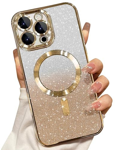 Misscase Magnetisch Hülle Kompatibel für iPhone 14 Pro, Glitzer Verlauf Handyhülle Kompatibel mit MagSafe, Stoßfest Anti-Kratzen mit Kamera Objektivschutz Niedliche Silikon Schutzhülle-Golden