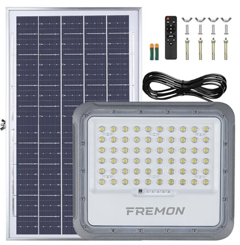 FREMON 200W Lampe Solaire Exterieur, 2100lm Projecteur Solaire avec Fonction Timing, Spot LED Solaire, 5M Câble Éclairage Extérieur Solaire,Lampe Lumiere Solaire Exterieur pour Jardin,Garag, Cour