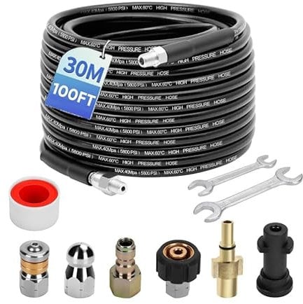 DaMohony 100 FT Pressure Washer Drain Pipe Hose Cleaning Kit, with Jet Nozzle and Rotating Jet Nozzle for Karcher and Bosch Pressure Washer, 400 Bar/ 5800PSI Pressure Washer Hose