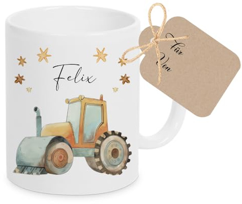 Manufaktur Liebevoll Tasse mit Namen Kinder Kindertasse mit Namen Becher Keramik Mädchen Junge Namenstasse Walze Fahrzeug Geschenk