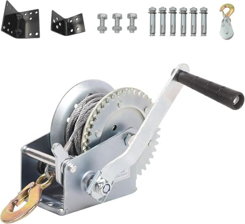 NGIRJKKLL 1200lbs Hand Winch Kit with 2Pcs Mount Plate, Boat Trailer Winch Heavy Duty Hook with 33ft Steel Cable Hand Crank Winch, Two Way Ratchet Boat Winch for Trailer Truck ATV Boat Marine