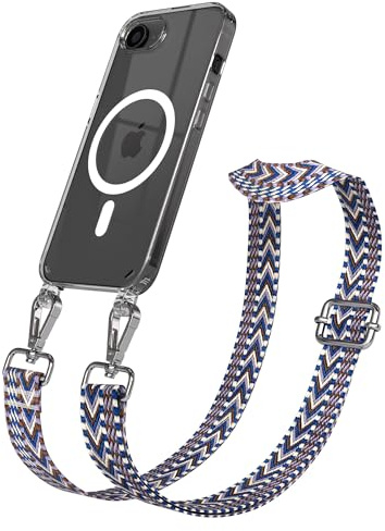 EAZY CASE Handykette - Verstellbares Taschenband kompatibel mit iPhone 16e, Schulterriemen, Handykordel mit Silikon Hülle, Qi Charging kompatibel, Umhängetasche, Blau Weiß Silber