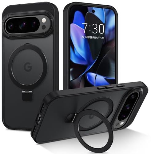 DUEDUE 120° Drehachse Magnet Hülle für Google Pixel 9/9 Pro 6,3 Zoll, Matt Stoßfest Handyhülle mit Stabilen Ständer [Kompatibel mit MagSafe] Magnetische Hülle für Pixel 9/9 Pro Case, Schwarz