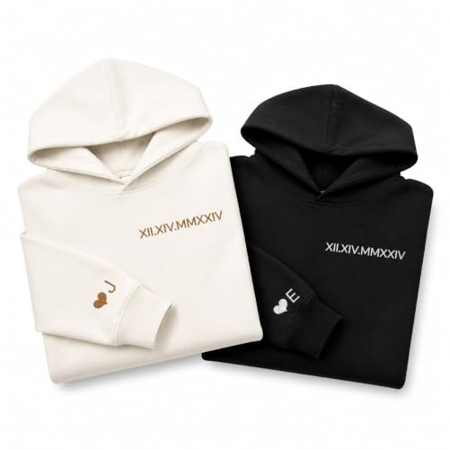 FCLYDER Individuell Bestickte Hoodies für Paare – Personalisiert mit Namen & Datum in Römischen Zahlen(Geburtstag, Hochzeitstag, Valentinstag) – Matching Couple Sweatshirts