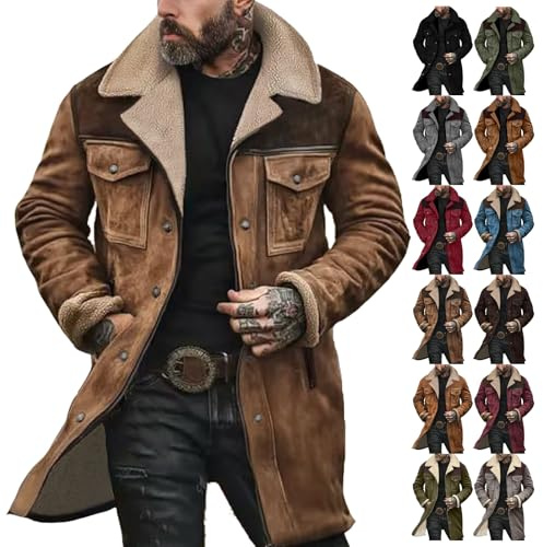 Giacca da uomo elegante casual vintage in finta pelle scamosciata cappotto lungo in peluche invernale caldo cappotti all'aperto foderato in pile giacca con tasche