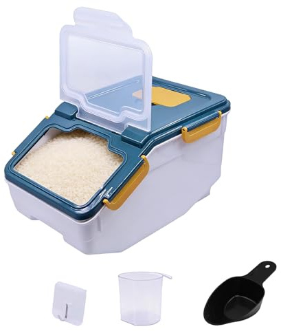 ANMOO Airtight Rice Dispenser 5kg, Rice Flour Storage Container, Blue | BPA-Free plastic dry food storage bin with wheels, locking lid, measuring cup & clip for rice, flour, sugar, cereal and grain