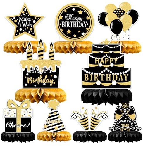 Geburtstag Tischdeko Schwarz Gold,9 Stück Bienenwaben Deko | Tischaufsätze Set,Geburtstag Deko für Männer und Frauen,Tischdekoration für jährige