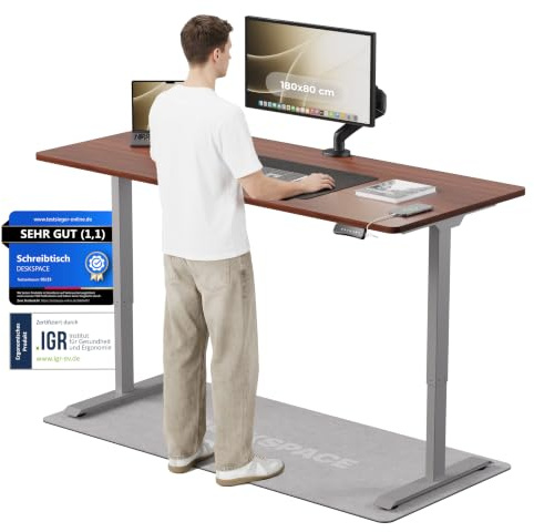 DESKSPACE PRO Elektrisch höhenverstellbarer Schreibtisch (180x80 cm) | Bürotisch mit Kollisionsschutz, Memory-Funktion, USB-Anschluss, 10 Jahre Garantie (Gestell grau, Tischplatte Mahagoni)