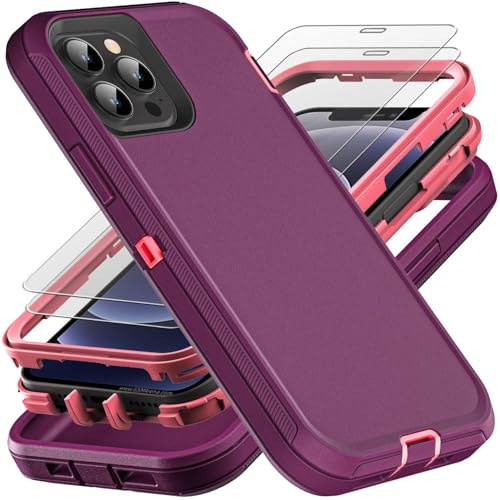 YmhxcY for iPhone 12/12 Pro Case, Military Grade 3 in 1 Heavy Duty Shockproof/Drop Proof/Dust Proof Case with 2Pcs Tempered Glass Screen Protector (Purple/Pink)