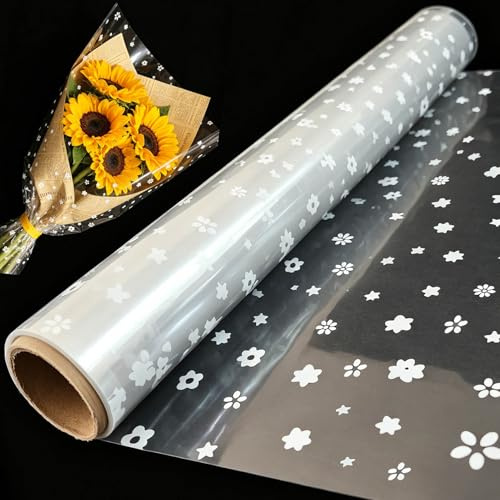 RYIRXI Geschenkfolie Transparent Rolle mit Blumen Sterne Muster, Cellophanfolie Klarsichtfolie Durchsichtiges Geschenkpapier Geburtstag Hochzeit Weihnachten Personalisiert Durchsichtige Folie