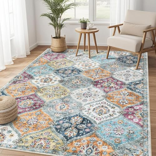 LuxFocus Waschbarer Vintage Teppich 120x170 cm Blumen Kurzflor Gelb Lila | ca. 6mm Ultradünn, Teppich für Wohnzimmer Schlafzimmer Kinderzimmer, marokkanisch, boho, floraler, rutschfest, faltbar