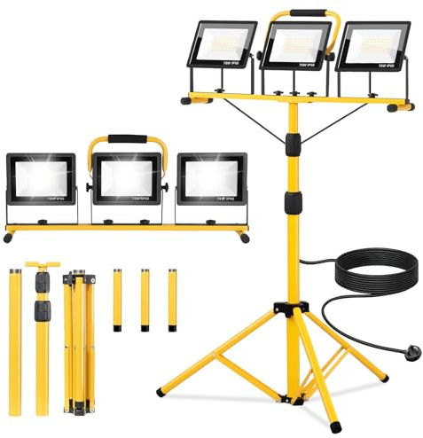SINGTIP 210W Baustrahler LED mit Stativ, 21000LM 6500K Baustellenlampe mit 5m Kabel Einzelschalter, IP66 Wasserdichte Baulampe für Baustellen/Werkstätten/Garagen Höhenverstellbar 200cm