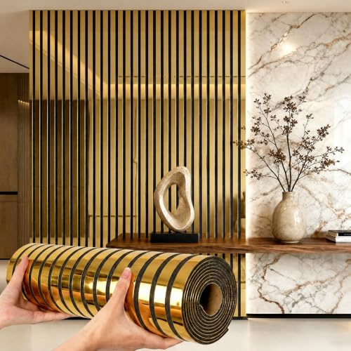 Camiraft 6mm Thick Acoustic Wall Panels, Peel and Stick Wall Panels for Soundproofing, 3D Golden Mirror Wallpaper Stripe Slat Wall Panelling for Living Room Bedroom Office (3 Roll=3.6㎡)