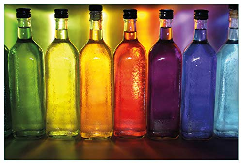 Wallario Küchenrückwand selbstklebend 90 x 60 cm, Motiv: Bunte Flaschen im Regal | Spritzschutz abwischbar & pflegeleicht