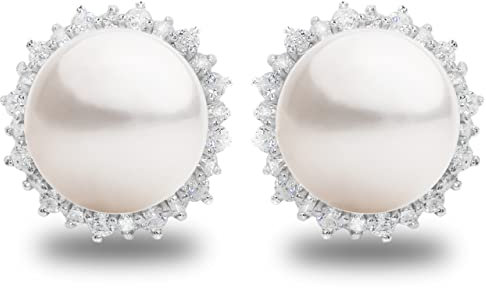 Damen Perlenohrringe mit 11-12 mm Süßwasser Zuchtperlen Weiß mit Zirkonia - SECRET & YOU - Perlenohrstecker 925er Sterlingsilber