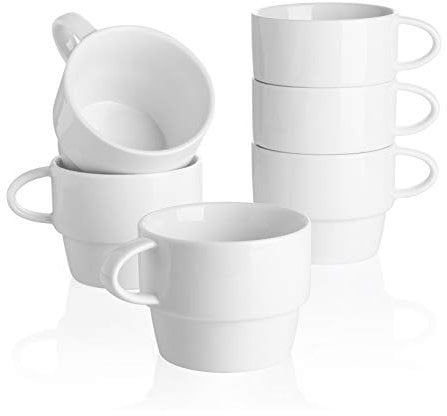 Sweese 411.001 Porcelain Cappuccino Cups - Stackable Coffee Cups - 6 Ounce for Specialty Coffee Drinks, Cappuccino, Mocha and Tea - Set of 6, White