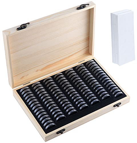 Kinsinder 100 Pièces Rangements pour Pièces de Monnaie, Boîtes à Pièces de Monnaie en Bois avec Capsules pour Collection Commémorative18 mm/20 mm/23 mm/25 mm/27 mm/30 mm