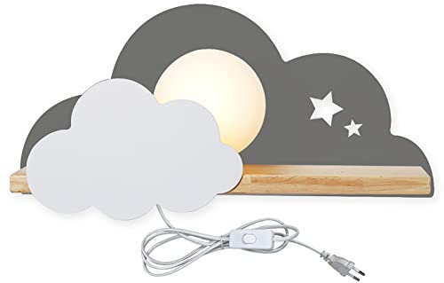 E27 Wolken Wandlampen Innen Kinderzimmer Grau Wandleuchten mit Schalter und Stecker LED Holz Wolke Babylampe Wandbeleuchtung Nachtlicht, Kinderlampe Massivholz Lampe für Mädchen Jungen Schlummerlicht