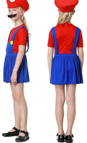 VISVIC Cosplay Kostüm Super Brothers Cosplay Kostüm, mit Cap und Schnurrbart, Halloween Karneval Cosplay Kostüm Set Männer Damen Jungen Mädchen, Faschingskostüme, Mädchen Rot, S