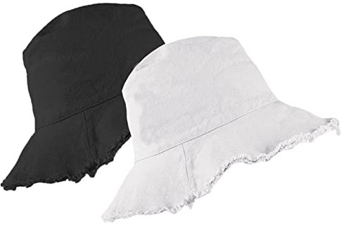 Bucket-Hat Sonnenhut im Used-Look, gewaschene Baumwolle, Strandhut – Sommer breite Krempe (8,1 cm Krempe) Strandkappe (Größe: S-M), Weiß + Schwarz, 2 Stück, Medium