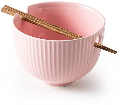 KAMAIDI Ceramic Ramen Noodle Bowl with Matching Chopsticks, Soup Bowls for Udon Soba Pho Asian Noodles, Dishwasher and Microwave Safe, 28 oz (Pink)