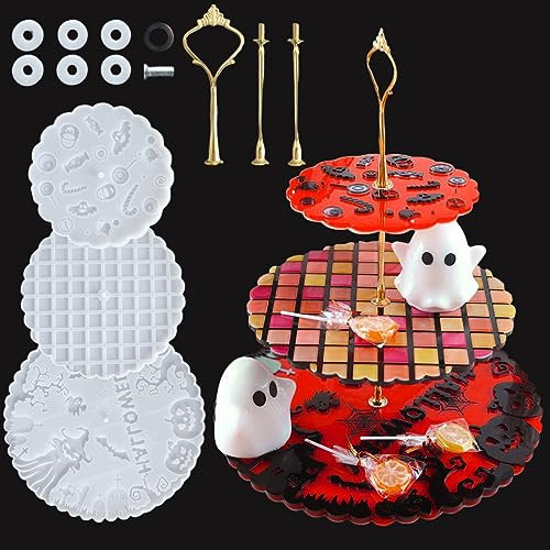 HyzaPhix Resin Silikonform Tablett Rund, Etagere Gießform Halloween Gießharz Formen Silikon Tortenständer 3 Etagen Formen Silicone Mold für Handwerk Cupcake Dessert Kuchenständer Tischdeko
