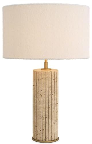 Casa Padrino Luxus Tischleuchte Beige/Antik Messing/Creme Ø 40 x H. 64 cm - Travertin Schreibtischleuchte mit rundem Lampenschirm - Luxus Tischleuchten - Luxus Leuchten - Luxus Möbel